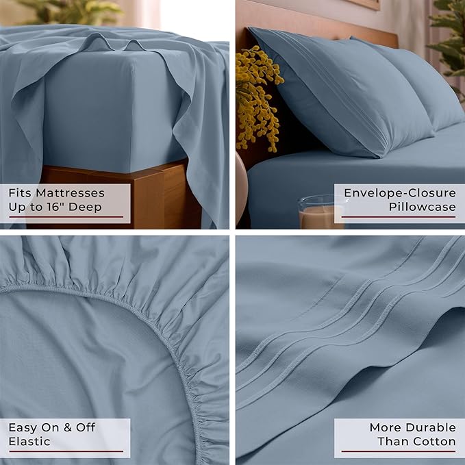 Mellanni Queen Sheet Set - 6-Piece Iconic Collection Bedding, (Including 4 Pillowcases), 16-Inch Deep Pocket, Easy Care, Extra Soft, Cooling Sheets, Brushed Microfiber - Blue Hydrangea