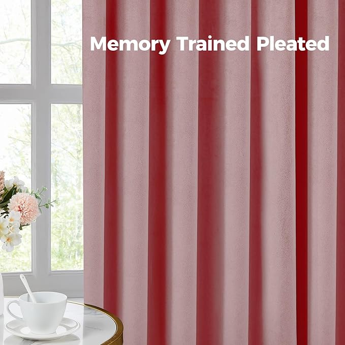 Pinch Pleated 100% Blackout Curtains for Bedroom, Pink Velvet Curtains for Living Room, Black Out Curtain 96 inch Long Room Darkening, Blackout Pinch Pleat Drapes with Hooks 2 Panels