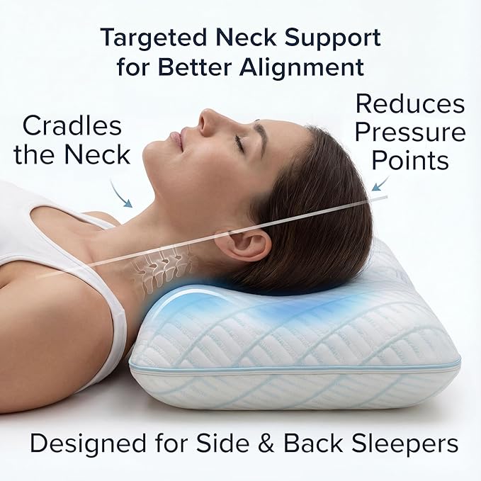 Glacia Contour Low Profile 4-inch Memory Foam Pillow for Stomach Sleepers – Slim Gel-Infused Bed Pillow for Neck Pain Relief | Hypoallergenic Queen Pillows for Neutral Spine Alignment