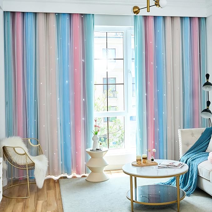 Star Blackout Curtains for Bedroom - Cute Kids Rainbow Curtains, 84 Inch Long 2 Panels, Beige & Blue & Pink, 42 x 84 Inch