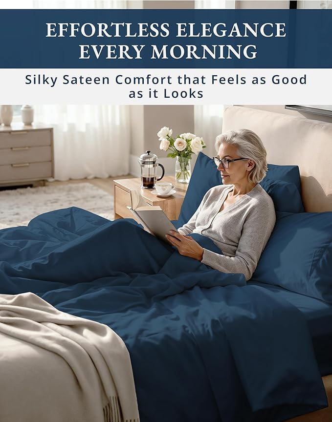 LANE LINEN 100% Egyptian Cotton Bed Sheets Full Size - 1000 Thread Count, Long Staple Mercerized Cotton Bedding Sheets, Luxury Hotel Like Thick 15" Deep Pocket, Reinforced French Seams - Estate Blue