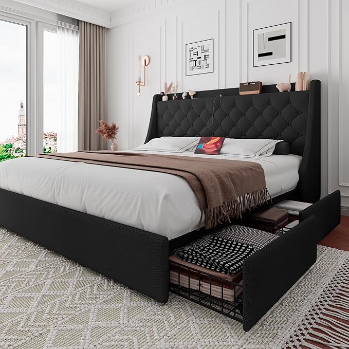 iPormis King Bed Frame with 4 Storage Drawers, Upholstered Platform Bed Frame with Type-C & USB Ports, Wingback Storage Headboard, Solid Wood Slats, No Box Spring Needed, Black
