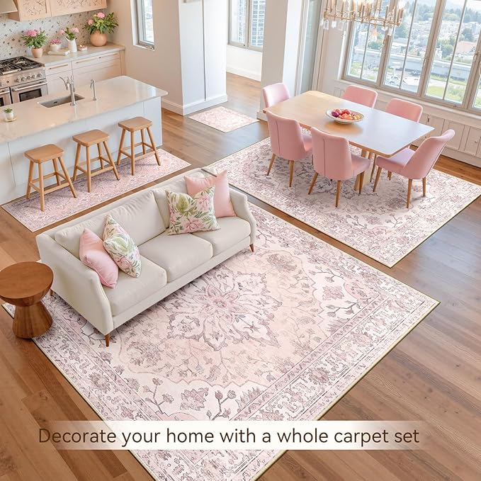 Area Rugs 7'x9' Washable Non-Slip, Floral Vintage Distress Print Pattern Medallion Carpet for Living Room Bedroom Dining Room, Pink Greypink Cute