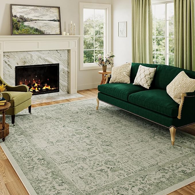 Sage Green Area Rug 4x6 Washable Office Entryway Carpet Vintage Distressed Non Slip Kitchen Indoor Entry Neutral Low Pile Retro Floral Farmhouse Throw Mat for Laundry Dining Room Bedroom