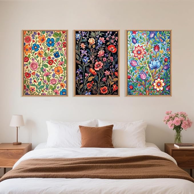 LHIUEM Large Vintage Botanical Flower Framed Canvas Wall Art,Abstract Colorful Wildflower Wall Decor,Rustic Bouquet Wall Painting,Poster Artwork for Living Room,Bedroom,Dining Room,Office -16"x24"x3