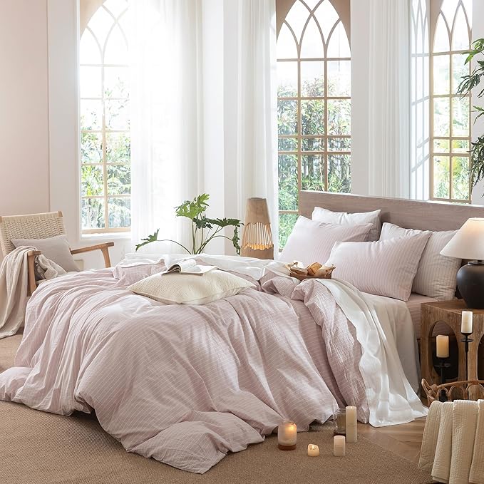 MooMee Striped Duvet Cover Set 100% Washed Cotton Linen Like Textured Breathable Durable Soft Comfy (Heathered Greyish Pink White Wide Stripes, Queen 90"x90")
