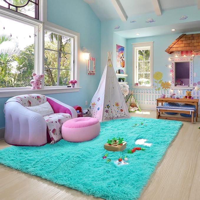PAGISOFE Teal Rug Fluffy Shag Area Rugs for Bedroom Boys 5x7 Soft Fuzzy Shaggy Rugs for Living Room Nursery Carpet Indoor Floor Dorm Boys Girls Dorm Plush Kids Rug for Room Decor Aesthetic