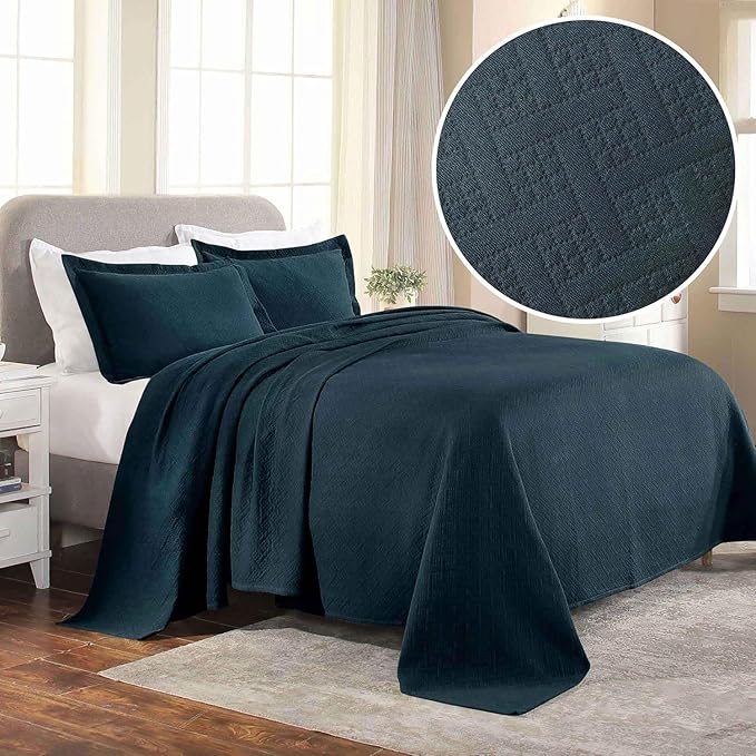 Superior 100% Cotton Basket Weave Bedspread with Shams, All-Season Premium Cotton Matelasse Jacquard Bedding, Quilted-Look Geometric Basket, Queen, Deep Sea