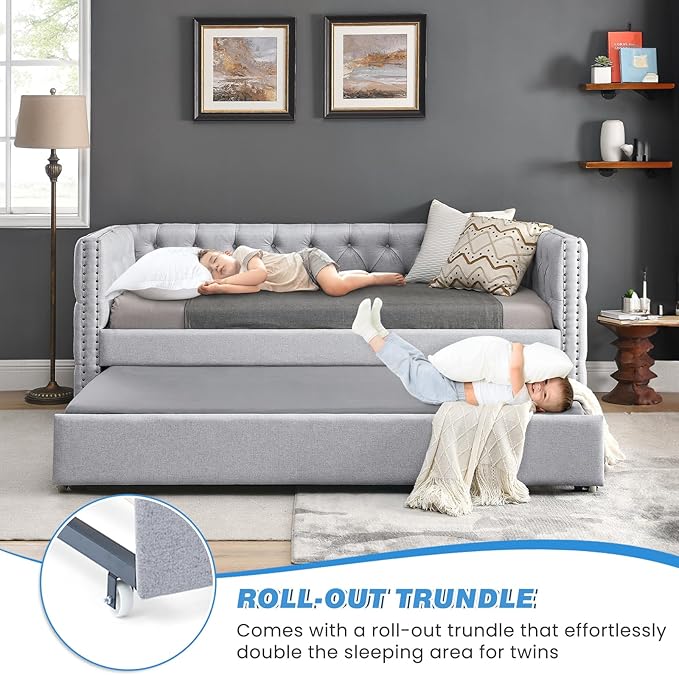 Daybed with Trundle, Modern Upholstered Full Size Day Bed Button-Tufted Sofa Daybed Frame with A Roll-Out Trundle, No Box Spring Needed, Furniture for Bedroom Living Room Guest Room (Light Grey, Full)