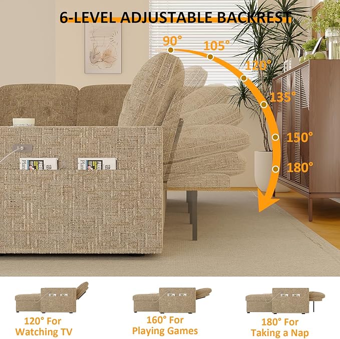 90 Inch Sleeper Sofa Bed, 4 in 1 Pull Out Couch Bed with Adjustable Backrest | Reversible Storage Chaise | Wide Armrest | Tool Free Assembly, Sectional Couches for Living Room, Khaki Chenille