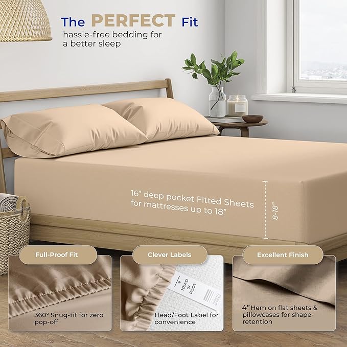 THREAD SPREAD 100% Cotton Queen Sheets Set - 400 Thread Count Queen Size Sheets (4 PC, Cocoa Taupe), 16" Deep Pocket All Around Elastic, Soft, Cooling, Durable & Breathable Sateen Weave Bed Sheet Set