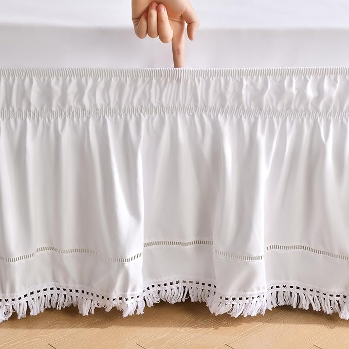 MIYE Wrap Around Ruffled Lace Bed Skirt, Elastic Dust Ruffle with Adjustable Belts, Easy to Put On, Bed Frame Cover, Machine Washable (Tassel Ruffle/White, King/Queen-15 Drop)