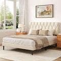 Full Size Bed Frame with Diamond Tufted Headboard, Velvet Upholstered Platform Bed and Wooden Slat Support, Noise-Free, No Box Spring Needed, Easy Assembly, Beige