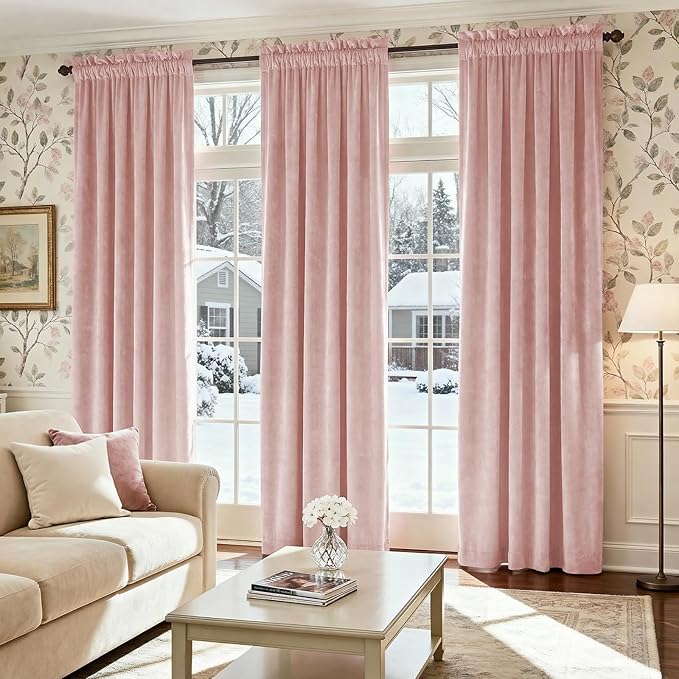 Lazzzy Velvet Blackout Curtains Thermal Insulated Room Window Drapes Super Soft Luxury Curtains for Living Room Bedroom Rod Pocket 2 Panels, Dusty Pink, 52" W x 90" L