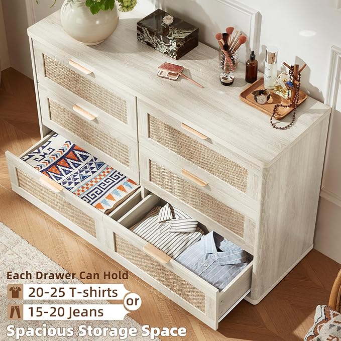 LEYAOYAO Rattan Dresser and Nightstand Set of 2, Boho Wood Dresser for Bedroom with 6 Drawers and Night Stand with 3 Drawer, Bedroom Furniture, Dressers & Chests of Drawers, Living Room, Hallway
