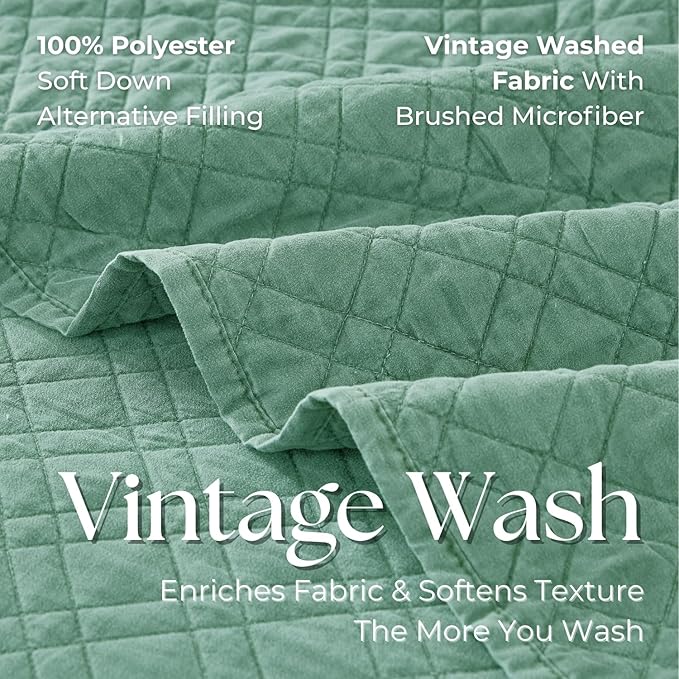 King Quilt Set with Shams Lightweight Quilted Bedspread Coverlet Thin Comforter Bed Cover Vintage Washed Quilted Blanket for All Season, Brushed Microfiber Diamond Stitching, Green, 104"x92"