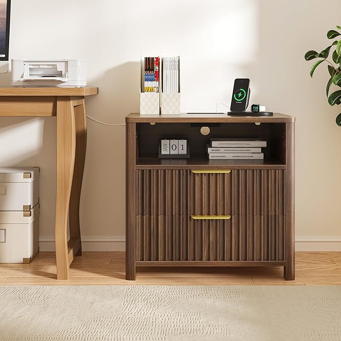 CypBed Night Stand with Charging Station, Bedside Tables with 2 Drawers & Storage Shelf, Wood Fluted Nightstand with Rounded Corner Design, Modern End Table for Bedroom, Easy Assembly