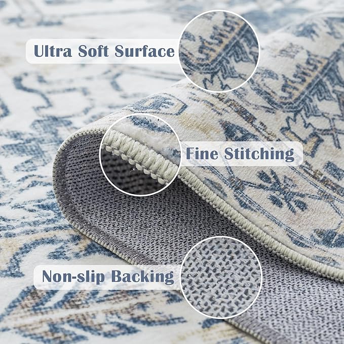 jinchan Lima Washable Area Rug 3x5 Entryway Rug - Distressed Vintage Floral Ultra-Thin Low-Pile Soft Non-Shedding Indoor Floor Carpet for Kitchen Bedroom Entrance Laundry Living Room (3x5ft, Blue)