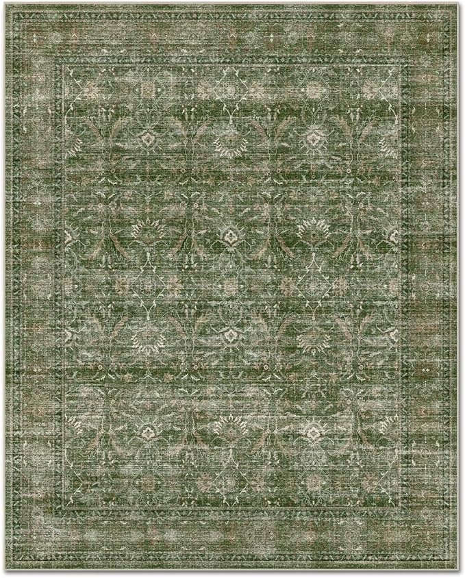 Washable 3x5 Entryway Rug, Boho Non-Slip Vintage Distress Small Rugs for Kitchen Nursery Office Bedroom, 0.3" Neutral Oriental Throw Thin Carpet with Cushioning Pad, Grass Green/Multi