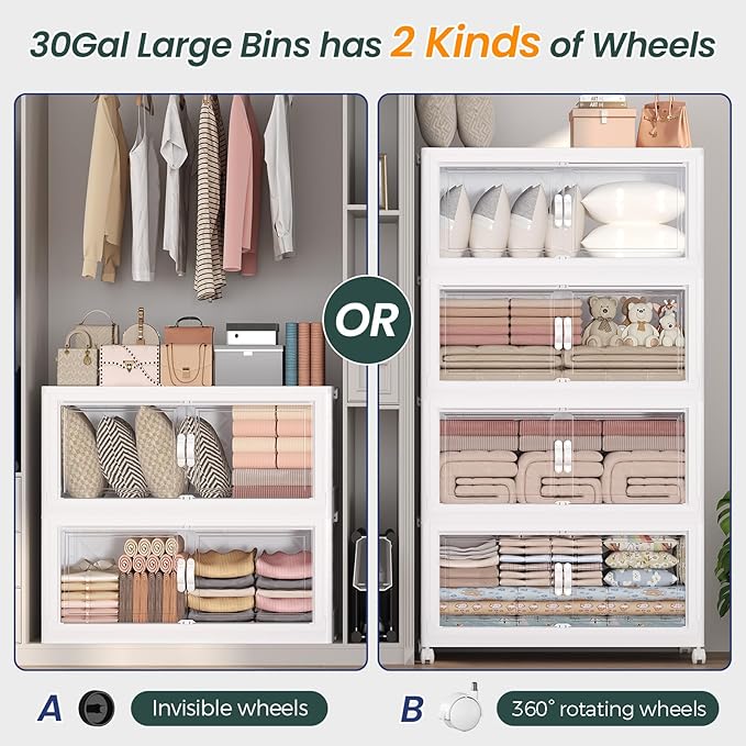 90Gal Stackable Storage Bins with Lid, 360Qt Extra Large Collapsible Storage Box with Doors and Wheels, Plastic Closet Organizer and Storage Cabinet Drawer for Home Kitchen, 3Pack White