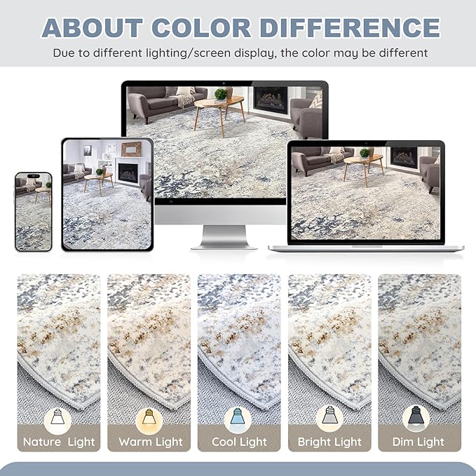 Washable Runner Rug for Hallway: 2.6x10 Neutral Modern Abstract Low Pile Area Rug with Non-Slip Backing - Carpet for Bedroom Kitchen Laundry Entryway Bathroom Indoor - Beige Blue