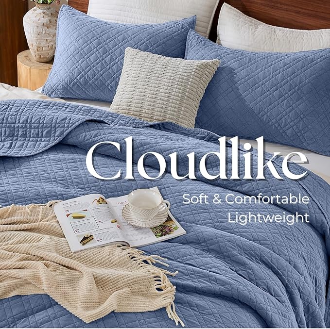 Cali King Quilt Set with Shams Lightweight Quilted Bedspread Coverlet Thin Comforter Bed Cover Vintage Washed Quilted Blanket for All Season, Brushed Microfiber Diamond Stitching, Blue, 111"x92"