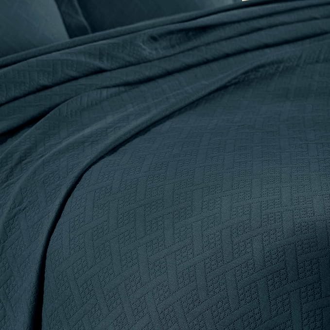 Superior 3 Piece Basketweave Cotton Bedspread Set, Home Bed Decor, Decorative Bed Spread, 2 Pillow Shams, Medium Weight Blanket, Matelasse Coverlet Bedding, Geometric Lattice Pattern, King, Deep Sea