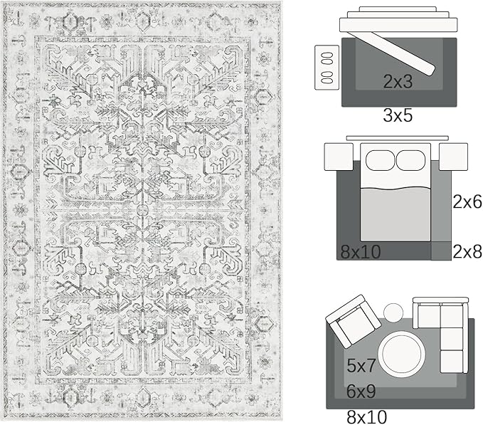 jinchan Lima 8x10 Area Rug for Living Room Washable Soft Throw Rug Ultra-Thin Stain Resistant Non-Slip Distressed Vintage Floral Large Carpet for Bedroom Dining Room Home Office Nursery (8x10ft, Grey)