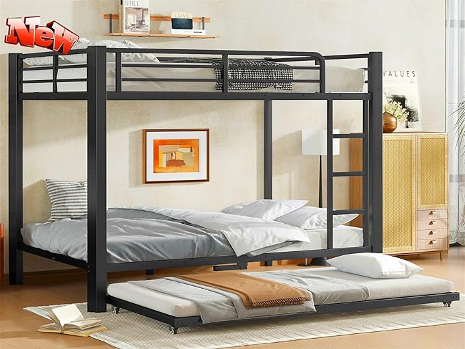 TSAMPA Latest Upgraded & Stronger Metal Bunk Bed Full Over Full Size, More Stable & Safer Steel Heavy Duty Bunkbed Frame with Twin Size Trundle (Full)