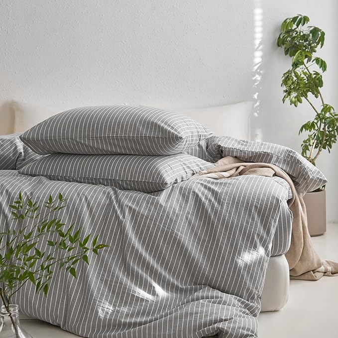MooMee Striped Duvet Cover Set 100% Washed Cotton Linen Like Textured Breathable Durable Soft Comfy (Light Grey White Wide Stripes, Queen 90"x90")