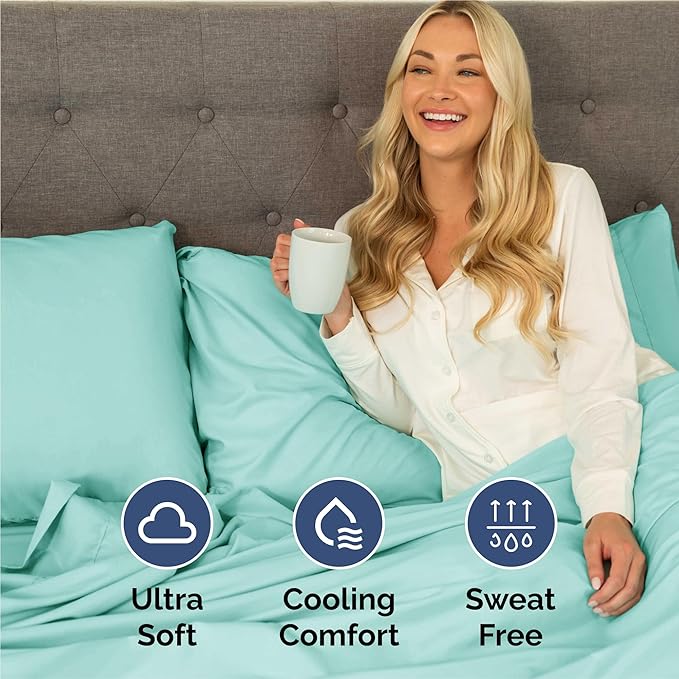 King 6 Piece Sheet Set - Cooling, Comfy & Breathable - Hotel Luxury Bedding, Includes Fitted Sheet for Women, Men, Kids and Teens - 1 Flat, 1 Fitted Sheet, 4 Pillowcases with Deep Pockets - Spa Blue
