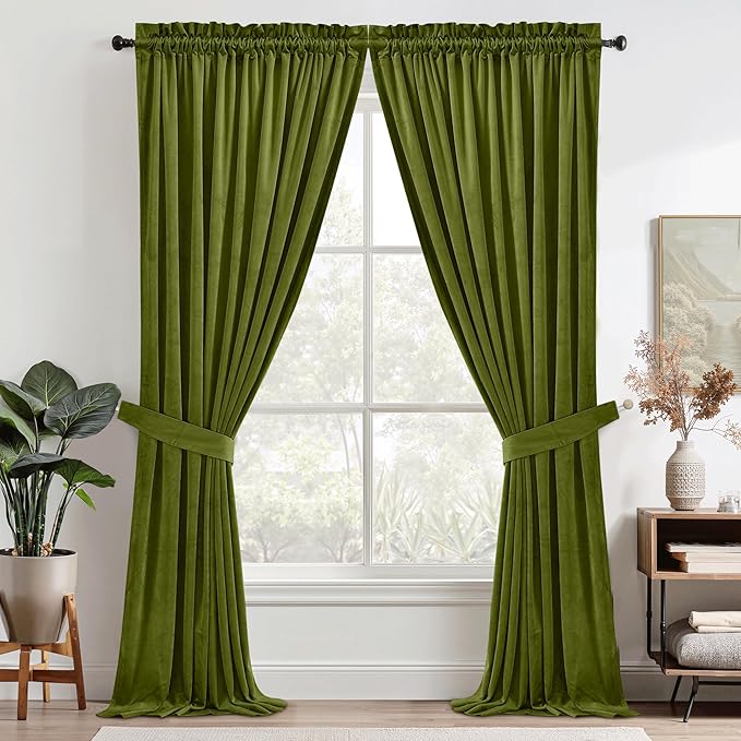 StangH Olive Green Velvet Curtains Light Blocking Bedroom Window Drapes Privacy Thermal Insulated Panels for Living Room Christmas Decor, W52 x L84, 2 Panels