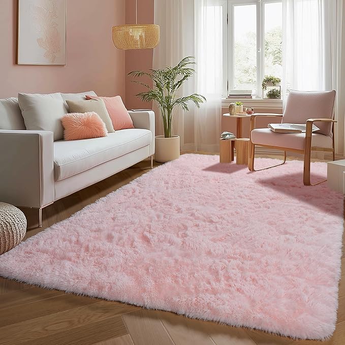 PAGISOFE 3x5 Pink Fluffy Shag Area Rugs for Bedroom, Bedside Preppy Dorm Area Rug, Soft Fuzzy Shaggy Rugs for Living Room Girls/Kids Bedroom Nursery Home Decor, Anti-Skid Durable Rectangular Fuzzy Rug