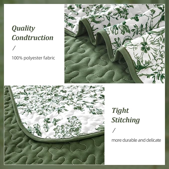 WONGS BEDDING Quilt Queen Size, Green Quilt Bedding Set with 2 Pillowcases, Botanical Quilts for Queen Bed, Soft Microfiber Lightweight Coverlet Bedspread for All Season (96"×90", 3 Pieces)