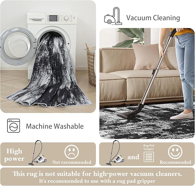 3x12 Long Hallway Runner Rug: Kitchen Rugs Non Slip Washable Low Pile Abstract Rug Runner with Rubber Backing Indoor Stain Resistant Carpet Runners for Bedroom Dining Living Room Black White