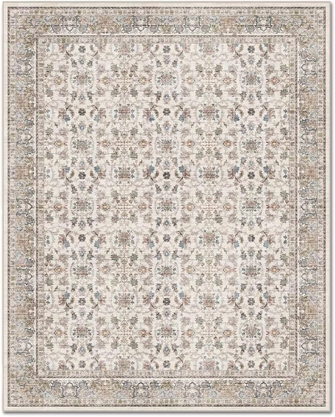 Washable 4x6 Rugs for Living Room, Boho Non-Slip Vintage Distress Small Rugs for Bedroom Nursery Office, 0.3" Neutral Oriental Throw Thin Carpet with Cushioning Pad,Cream/Blue/Orange/Multi