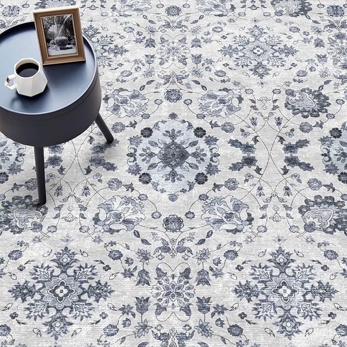 vivorug 4x6 Rug, Stain Resistant Washable Rug for Living Room, Floral Area Rug Vintage Inspired (Ivory/Blue, 4'x6')