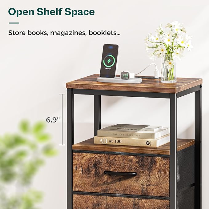 Huuger Nightstands Set of 2, End Tables with Charging Station, Fabric Drawers, Bedside Tables with USB Ports and Outlets, Night Stands for Bedroom, Rustic Brown