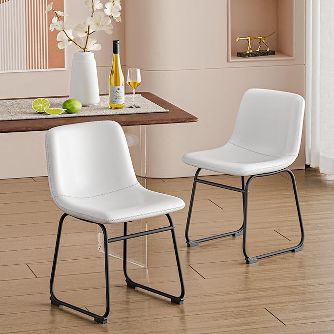 Dining Chairs Set of 8, 18 Inch Modern Armless Dining Chair with Back, Faux Leather Kitchen Dining Room Chair with Metal Legs for Home, Bistro Coffee Shops (White)