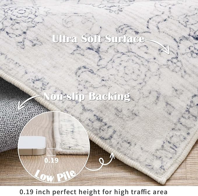 jinchan 4x6 Ivory Area Rugs for Living Room – Machine Washable Vintage Floral Soft Stain Resistant Low Pile Rug, Non Slip Ultra-Thin Carpet for Bedroom Dining Room Home Office Nursery (4'x6', Ivory)