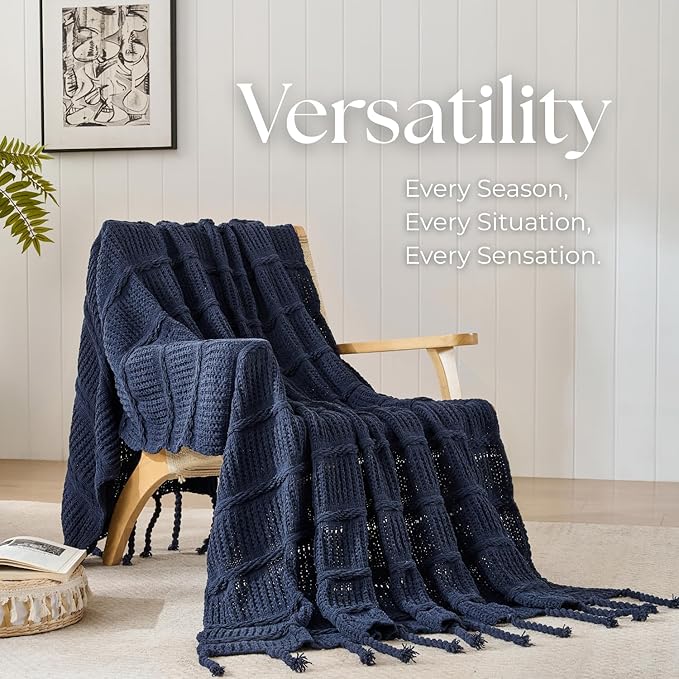 Boho Knitted Chenille Blanket with Tassels - Lightweight & Soft All-Season Throw - 3D Classic Pattern for Living Room Bedroom Couch, Royal Blue, Twin 60"x80"