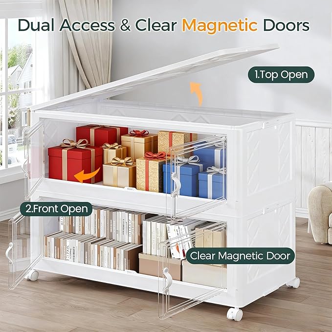 600QT Extra Large Stackable Storage Bins with Lid, 150Gal Collapsible Storage Box with Wheels and Doors, Plastic Closet Organizer and Storage Cabinet for Home Kitchen Office Dorm, 5Pack White