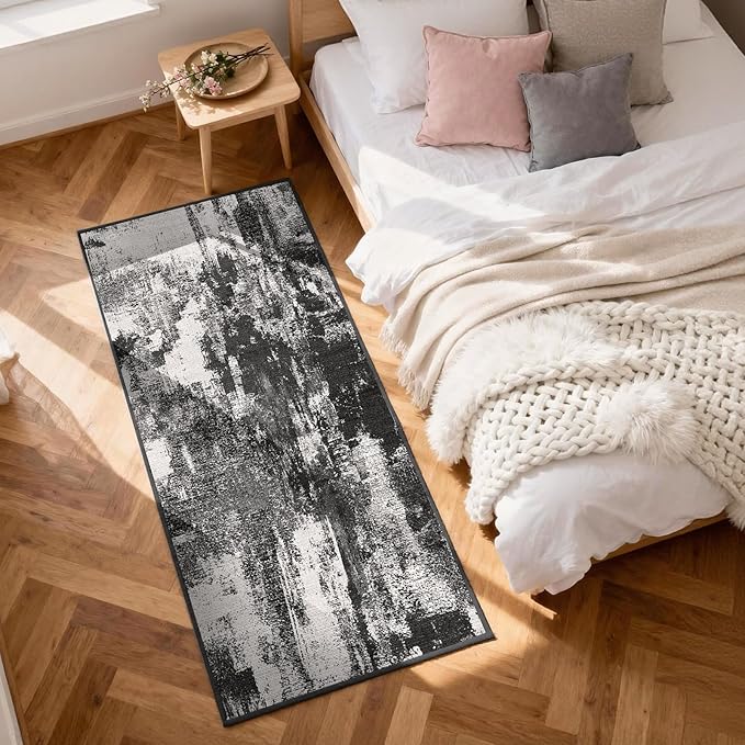 3x6 Kitchen Hallway Runner Rug: Long Washable Rug Runner Non-Slip Indoor Abstract Rugs - Low Pile Soft Floor Runners for Bedroom Living Room Dining Entryway Bathroom Laundry Black White 3x6