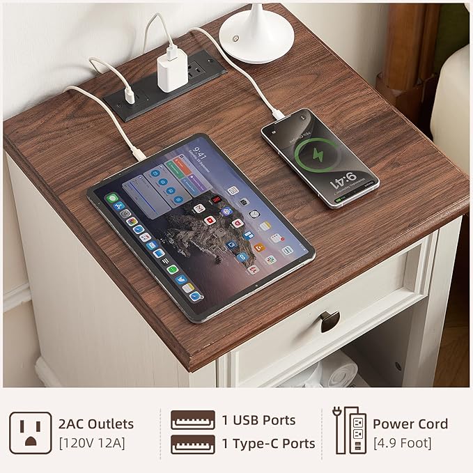 SAVOR LIFE Farmhouse End Tables Living Room Set of 2, Rustic Wood Nightstand with 1 Drawer, Bedside Table with Open Shelf for Bed Room, Side Table for Living Room, White