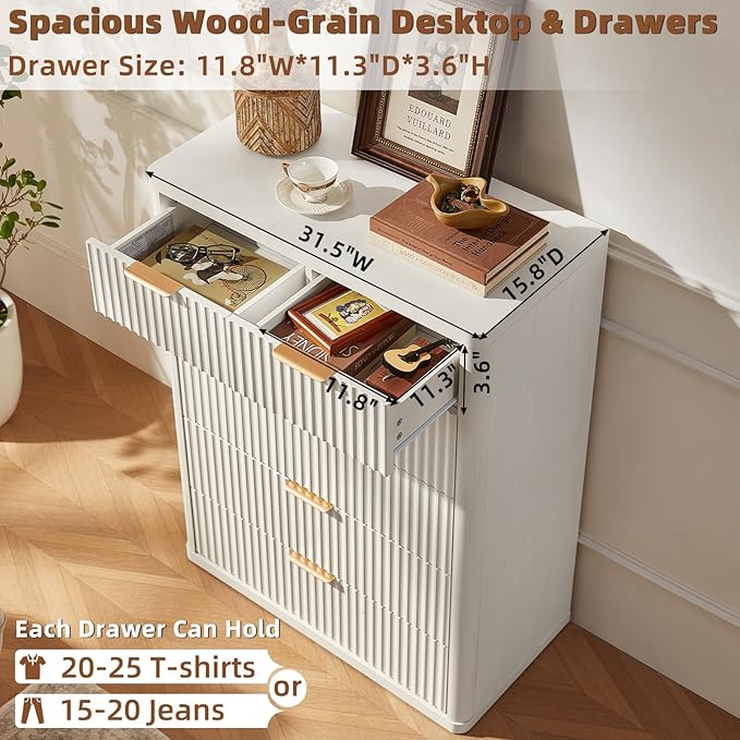 LEYAOYAO Fluted Dressers & Nightstand Set of 3, Wood 48" Wide Dresser & 42" Tall Chest of Drawers,Modern Bedroom Furniture Sets, Antique White Wooden Nightstand with 3 Drawers & Charging Station