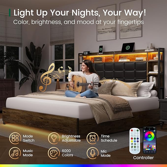 LARMACE Queen Size Bed Frame with 4 Storage Drawers and Bookcase Headboard, Faux Leather Upholstered, Wooden Platform Bed Frame with Charging Station and LED Lights, No Box Spring Needed, Brown
