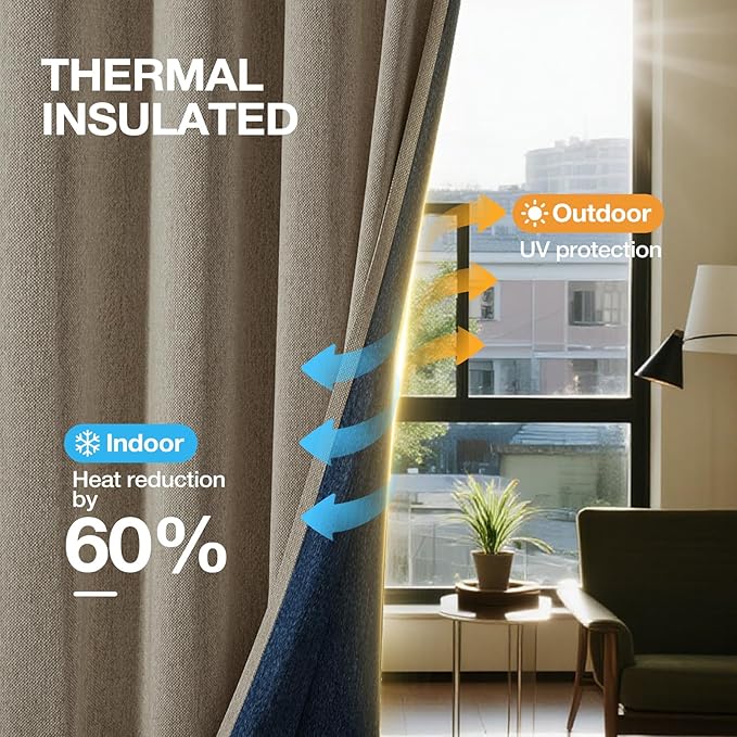 100% Blackout Curtains 72 inch Length 2 Panels Set for Dining Room Master Room, Thick Soft Linen-Look Textured Full Light Blocking Room Darkening Thermal Insulated Drapes (W52xL72, Taupe)