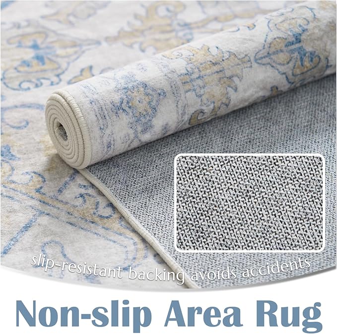 jinchan Hallway Runner Rug 2x8 Machine Washable - Vintage Floral Non-Slip Low-Pile Soft Ultra-Thin Faux Wool Kitchen Rug Distressed Carpet Runner for Farmhouse Bedroom Laundry Room (2x8ft, Blue)