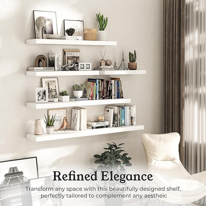 Floating Shelves for Wall, 9.3" Deep Wall Mounted Wood Shelves for Bathroom, Bedroom, Living Room, Kitchen, Hanging Shelf for Books/Storage/Room Decor (White, 24")