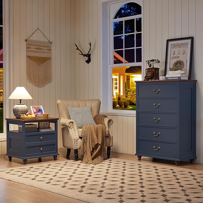 24" Wide Farmhouse Nightstand with Charging Station Set of 2, 45" Tall Rustic Chests of 5 Drawers w/ 4 Solid Wood Feet, Farmhouse Furniture Series for Living Room,Bedroom,DarkBlue